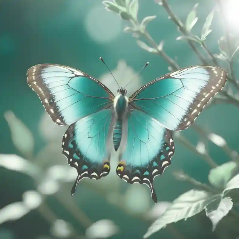 Ein türkisblauer Schmetterling fliegt mit ausgebreiteten Flügeln vor diffusem grünem Hintergrund.