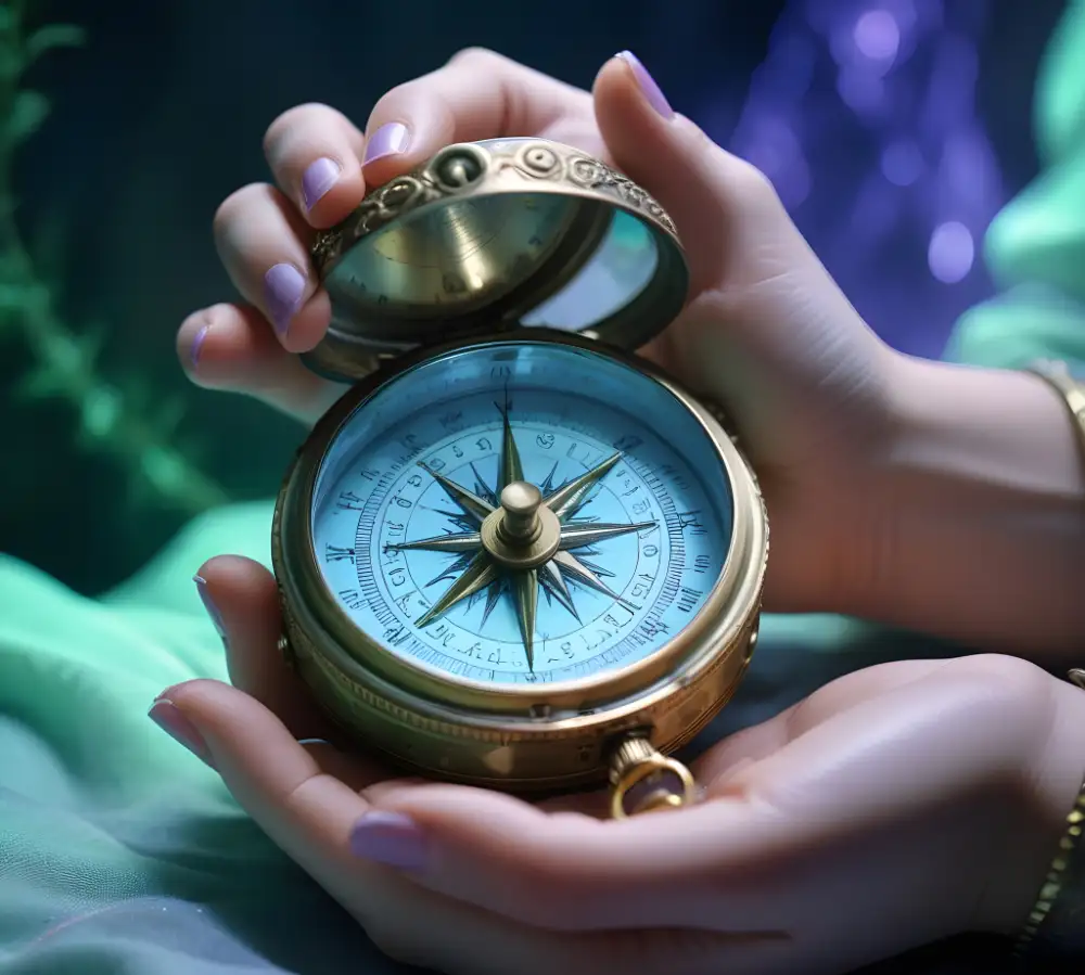 Frauenhände halten einen geöffneten, aus Messing bestehenden Kompass.