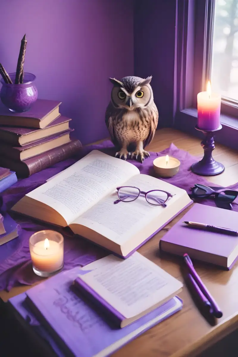 Bücher, Brille, Eule, Kerzen, Schreibutensilien liegen auf einem Tisch vor einem Fenster; in violetten Tönen gehalten.