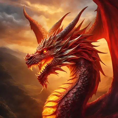 Kopf eines Drachen, mit leuchtenden Augen und zwei Hörnern. Er schaut nach links.