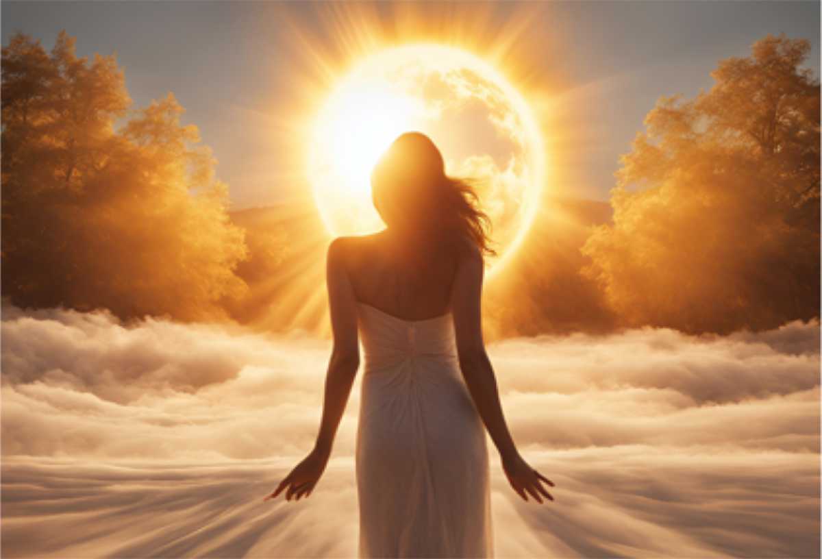 Eine Frau schaut weg in eine leuchtende Sonne, diw zischen zwei mächtigen Laubbäumen leuchtet. Am Boden weisser, wallender Nebel. Leuchtend gelbe Farbtöne.