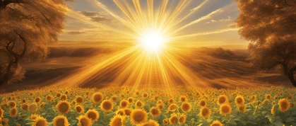 kraft Sonnenblumenfeld, die Blüten dem Betrachter zugewandt. Dahinter die Sonne mit langen weiss-gelben Strahlen.