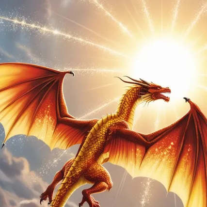 reise Drache mit ausgebreiteten Armen in den Farben eines Phönix fliegt der Sonne entgegen wie einst Ikarus.