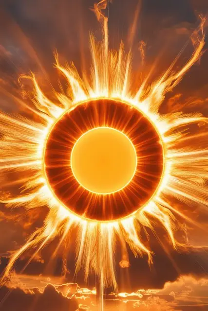 Gelb-orange Sonne mit Flammenkranz.