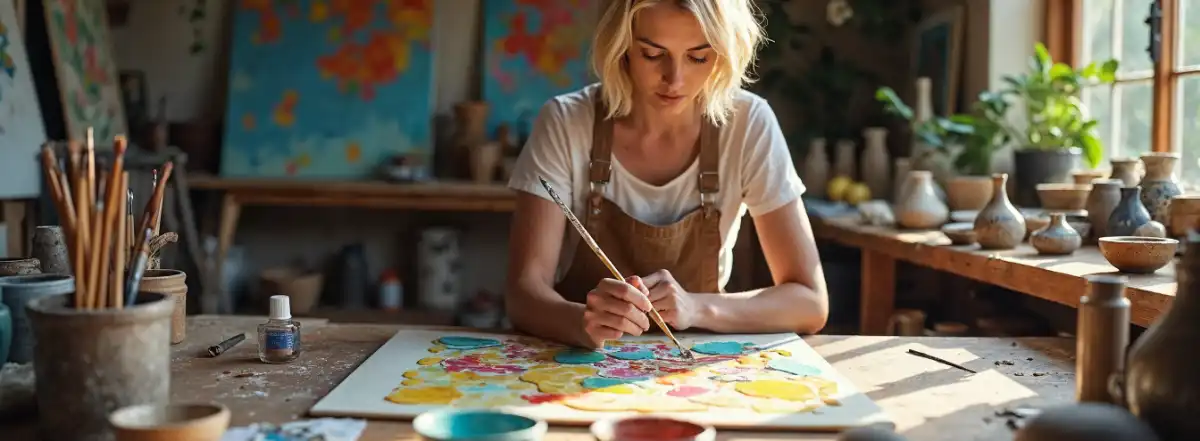 Frau_malt Eine blonde Frau malt an einer Werkbank in ihrem Atelier an einem neuen Bild.