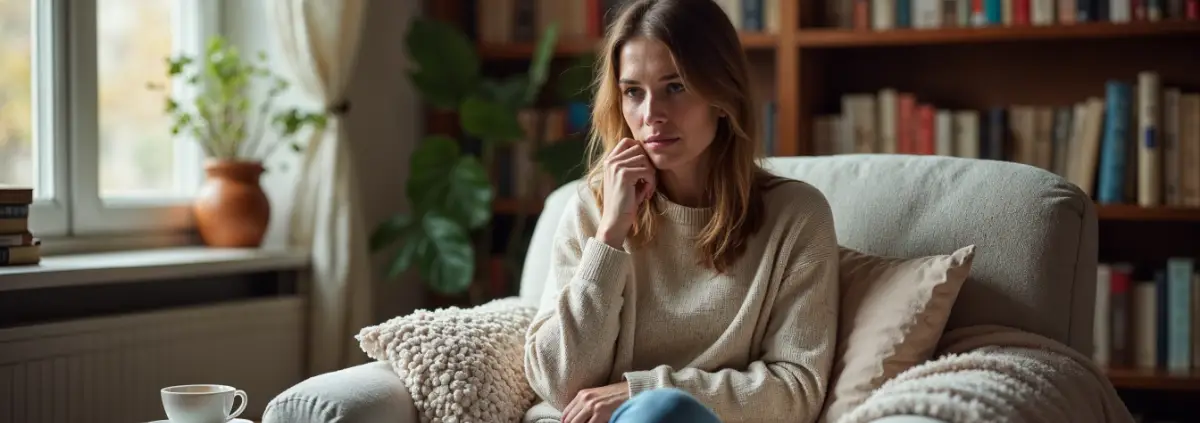 Frau_nachdenklich Eine nachdenkliche Frau in einem Sessel in ihrem Wohnzimmer, vor sich eine Tasse Tee