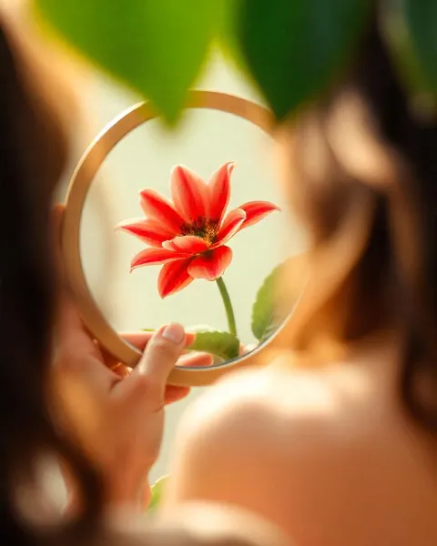 Eine Frau schaut in einen Handspiegel, sieht aber dort nicht sich selbst, sondern eine rote Blume