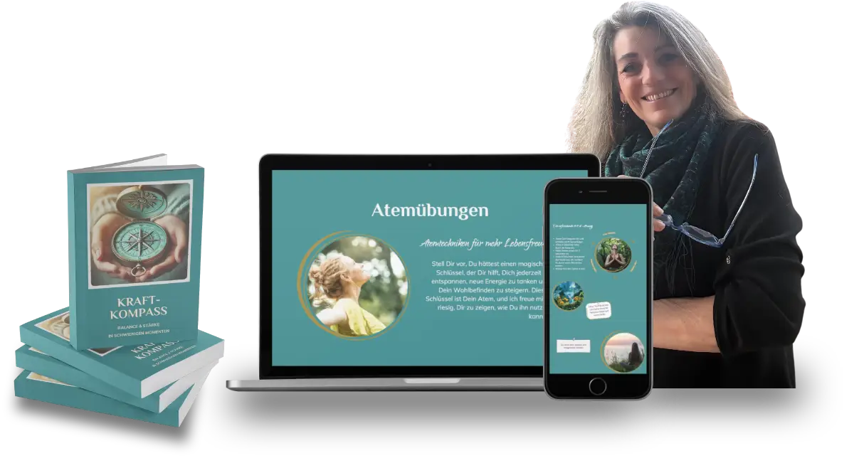 Zusammenstellung von Büchern, Notebook und Smartphone mit den Abbildungen des "Kraft-Kompass", leicht dahinter Anja Jörger