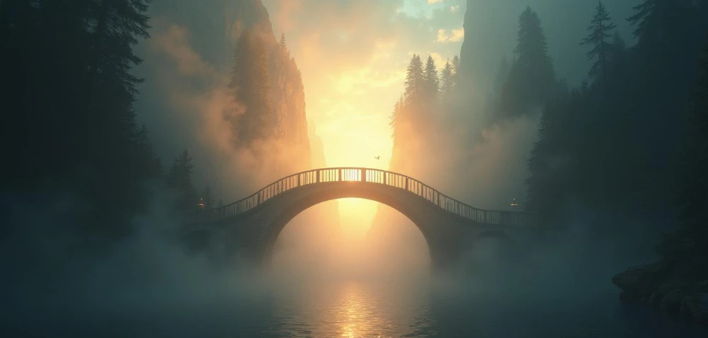 Eine Bogenbrücke umgeben von mystischem Nebel vor einem Sonnenaufgang mit von der Sonne beleuchteten Wolken im Hintergrund