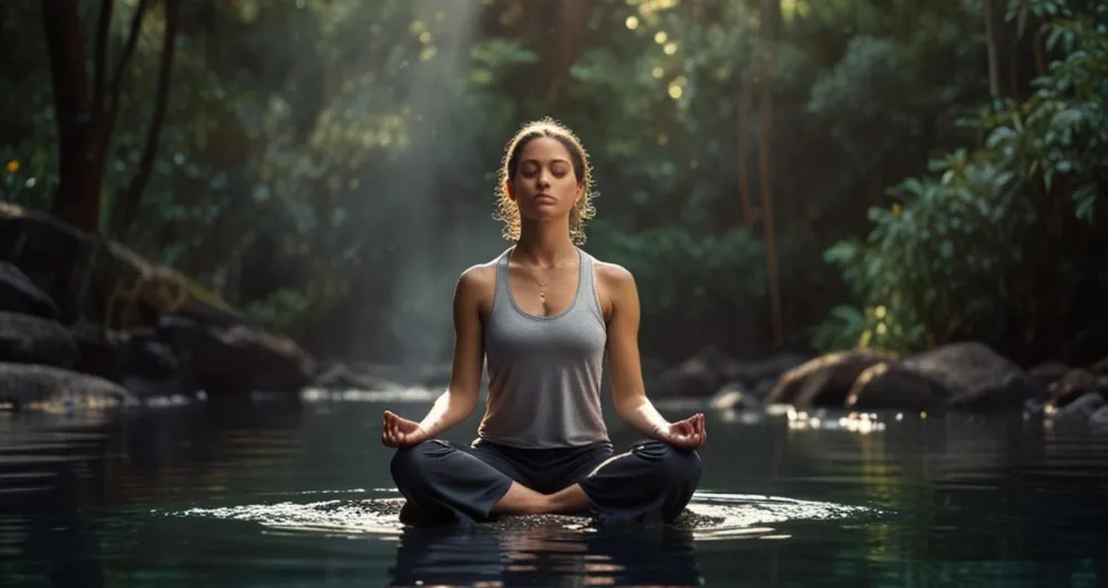 Eine junge Frau meditiert in Buddha-Pose mitten in einem Waldweiher auf dem Wasser.